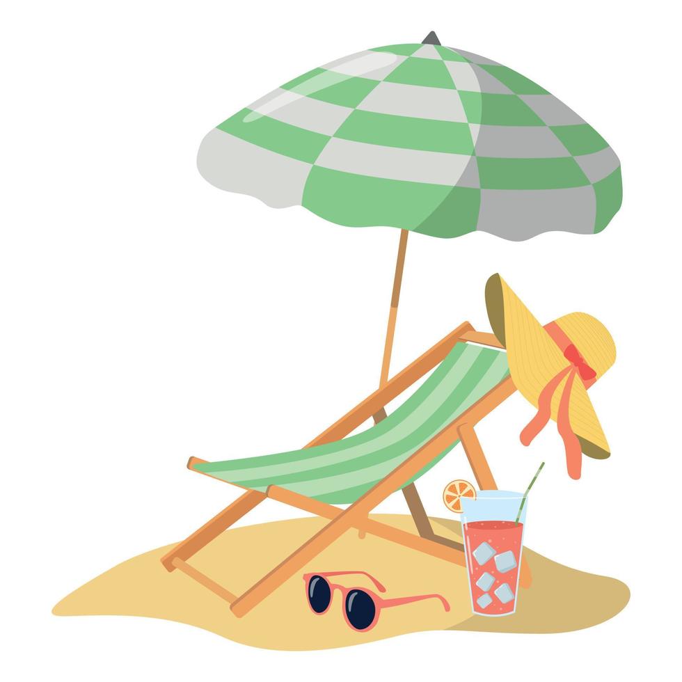 verano playa con honda silla y sombrilla. isla vacaciones paisaje. dibujos animados vector ilustración. diseño para postales y pancartas vector ilustración en plano estilo