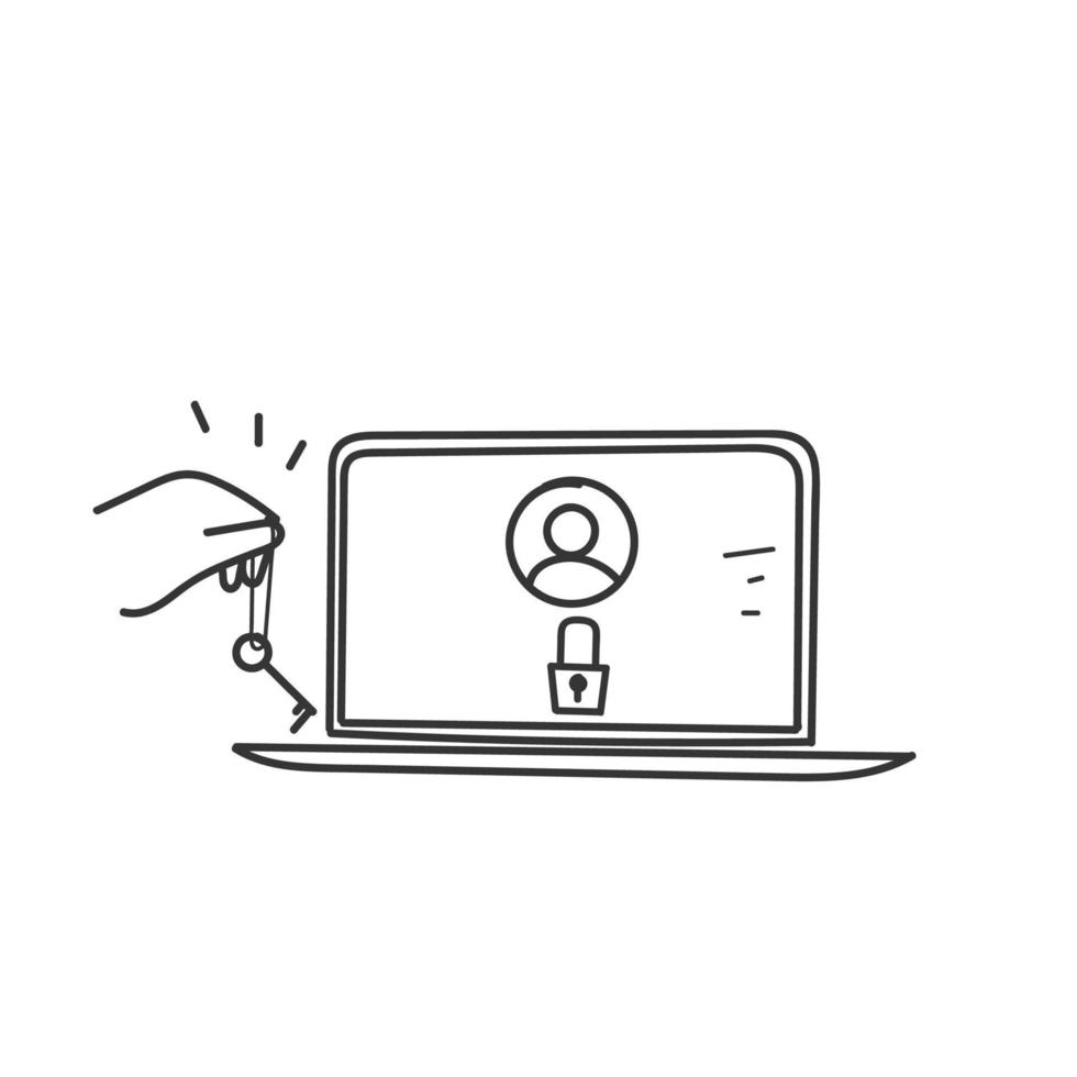 hand drawn doodle person carry key to open locked account on computer vector