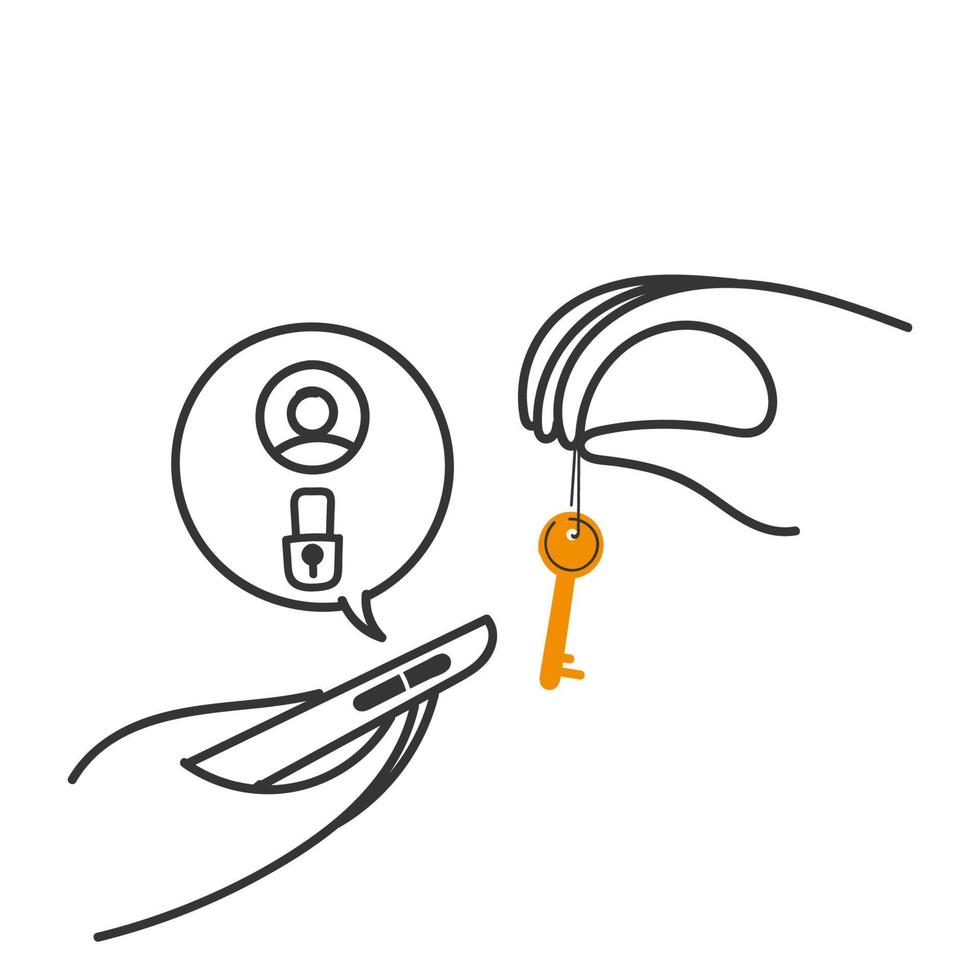 hand drawn doodle person carry key to open locked account on phone vector
