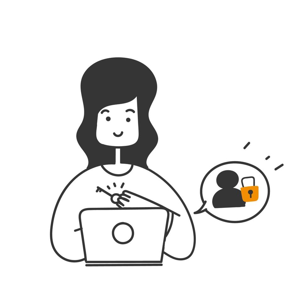 hand drawn doodle person carry key to open locked account on computer vector