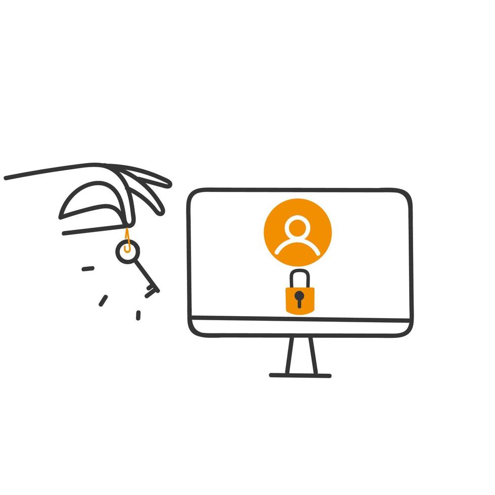 hand drawn doodle person carry key to open locked account on computer vector