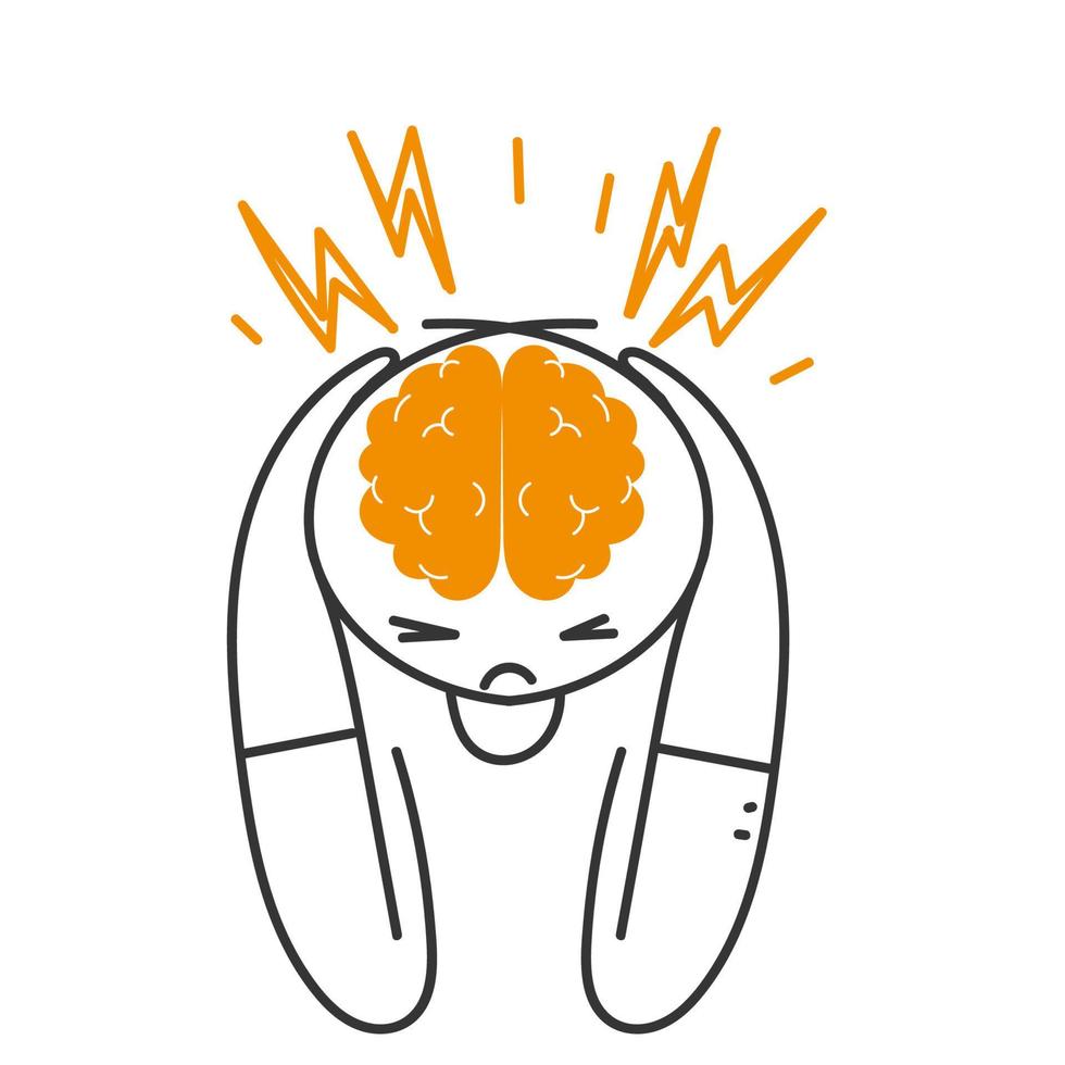 hand drawn doodle person with headache and painful brain illustration vector