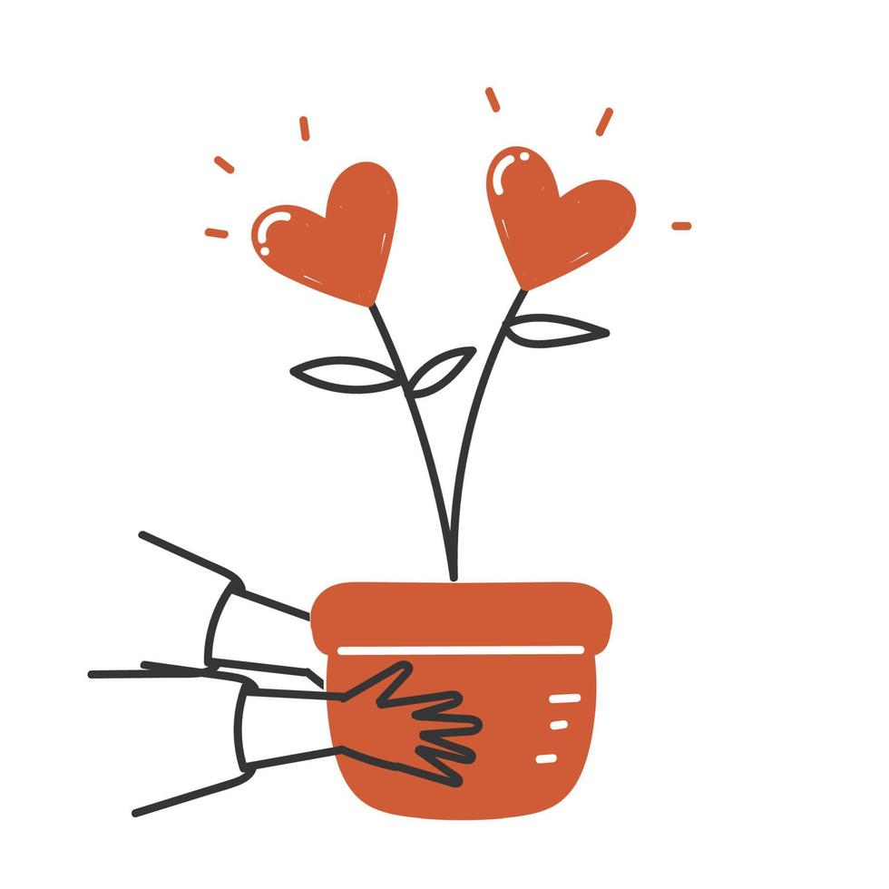 hand drawn doodle Hands holding houseplant with hearts as flowers vector