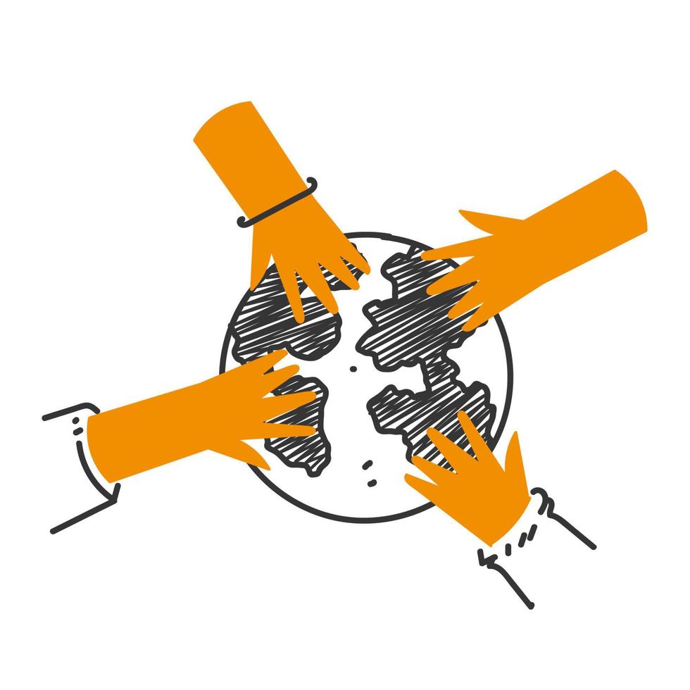 hand drawn doodle Hands of diverse people on globe symbol for global team illustration vector