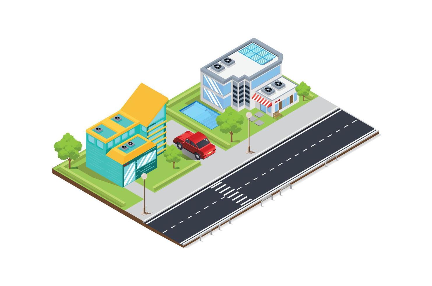 Vector isometric Suburbian buildings composition with outdoor view of two neighbourhood areas with villas and residential yards.