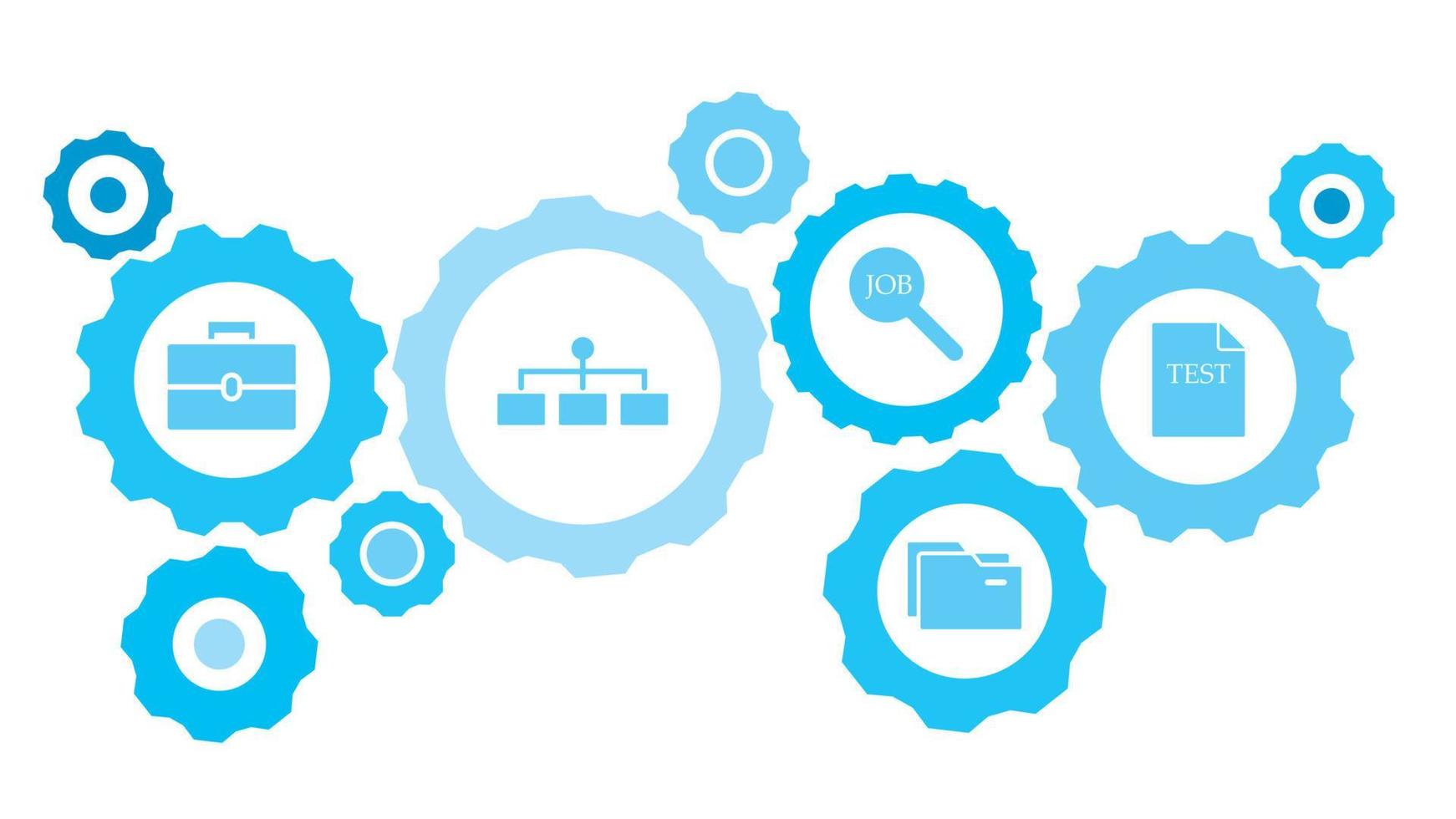 Connected gears and vector icons for logistic, service, shipping, distribution, transport, market, communicate concepts. test, file gear blue icon set on white background