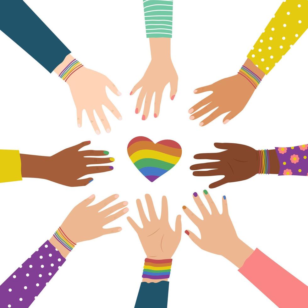 lgbt orgullo mes multirracial manos con corazones, multirracial manos en un circulo vector