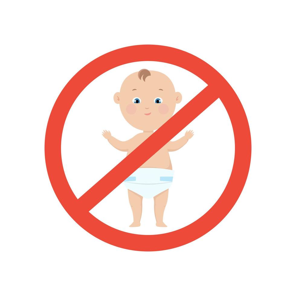 No niños firmar, bebé en un romper en un rojo circulo prohibición. vector ilustración concepto de niños libres