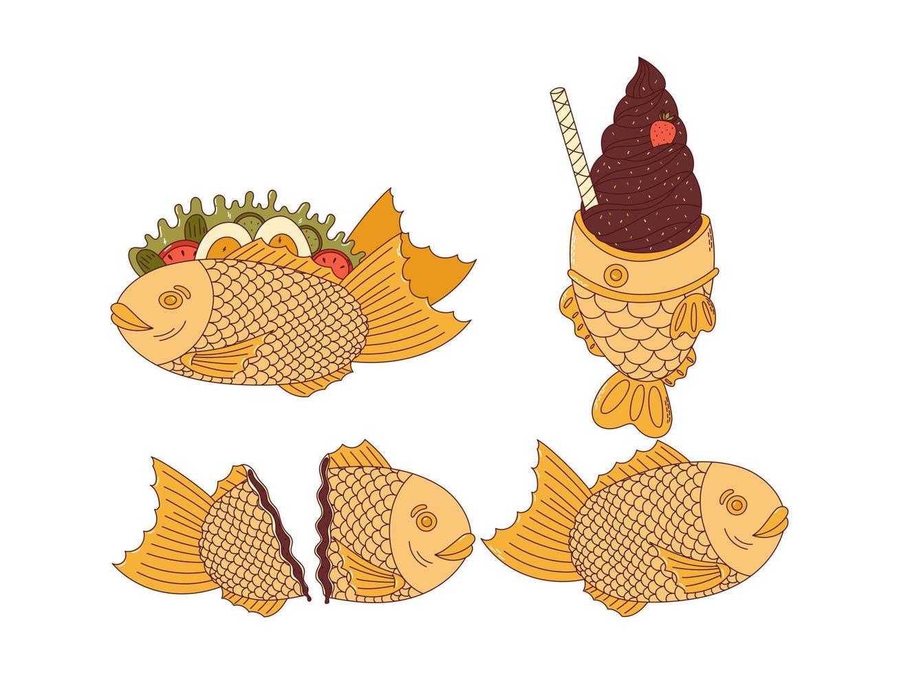 Traditional Japanese food set. Asian Taiyaki stickers. Fish-shaped ice cream, sandwich. Vector illistration