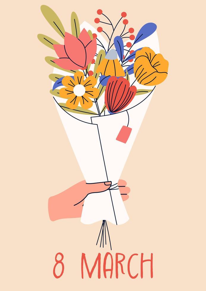 8 de marzo, día internacional de la mujer. tarjetas de felicitación o plantillas de postales con ramo de flores para tarjeta, afiche, volante. poder femenino, feminismo, concepto de hermandad. vector