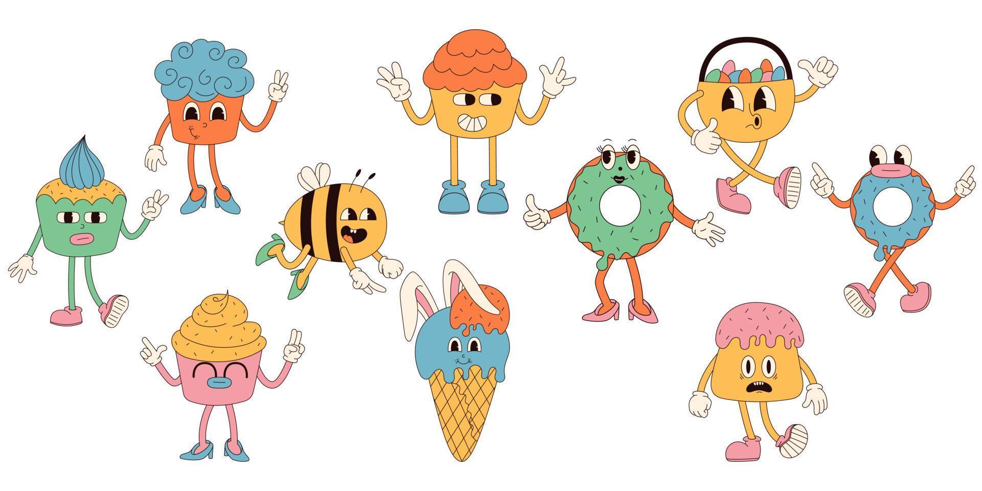 Groovy hippie Happy Easter characters. Easter bun, bee, ice cream, basket with eggs in trendy retro 60s 70s cartoon style. vector