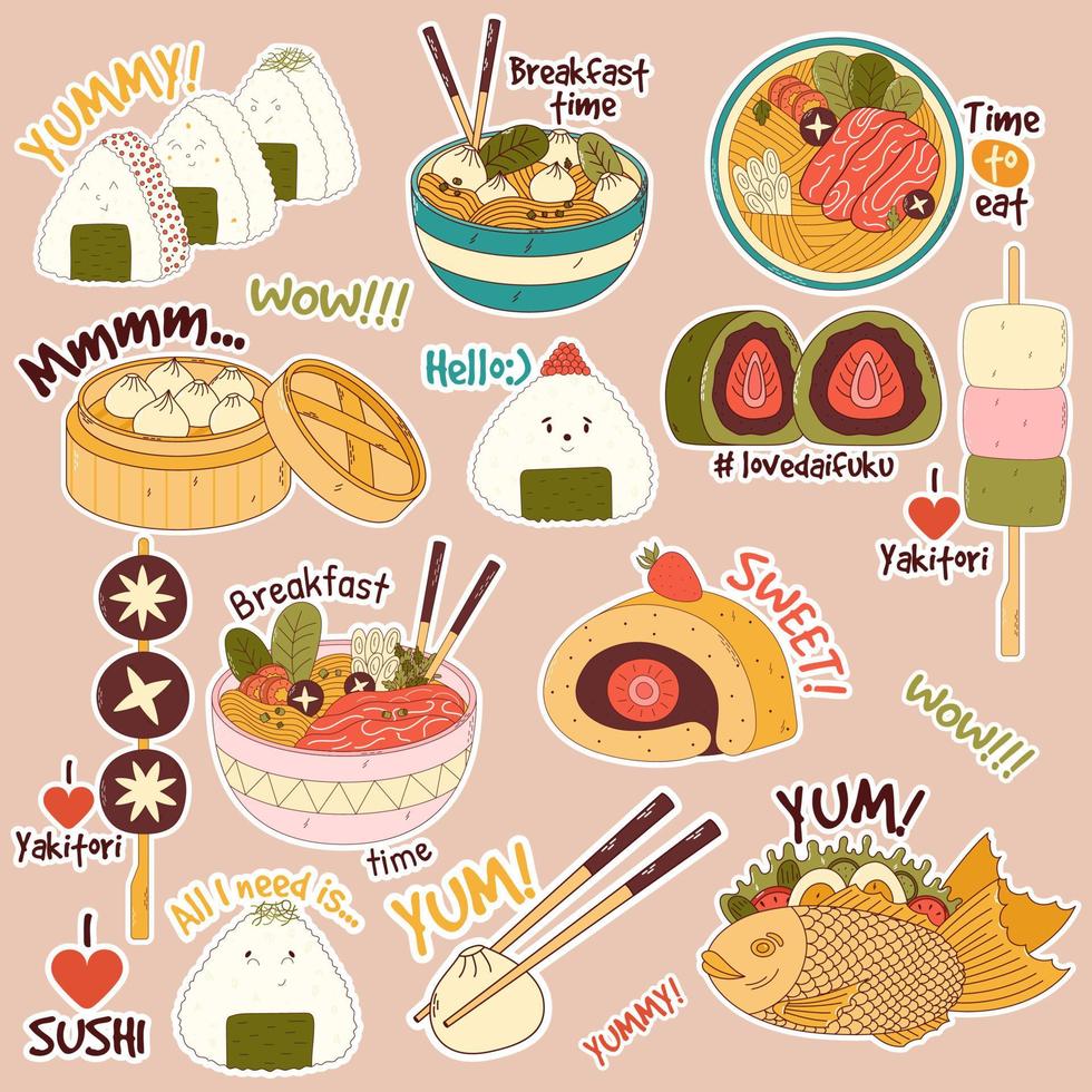 tradicional japonés comida adhesivos asiático yakitori brochetas, ramen, albóndigas, taiyaki, matcha pastel rollo, shabu shabú, onigiri, wontón, daifuku. vector illistration