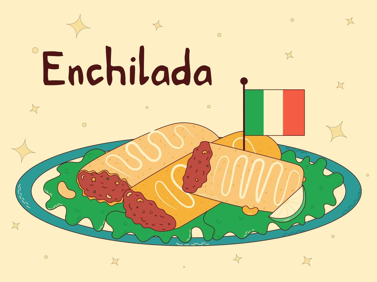 Mexican traditional food. Enchilada. Vector illustration in hand drawn style