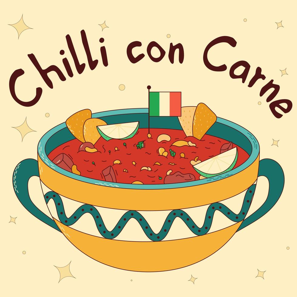 Mexican traditional food. Chilli con Carne. Vector illustration in hand drawn style