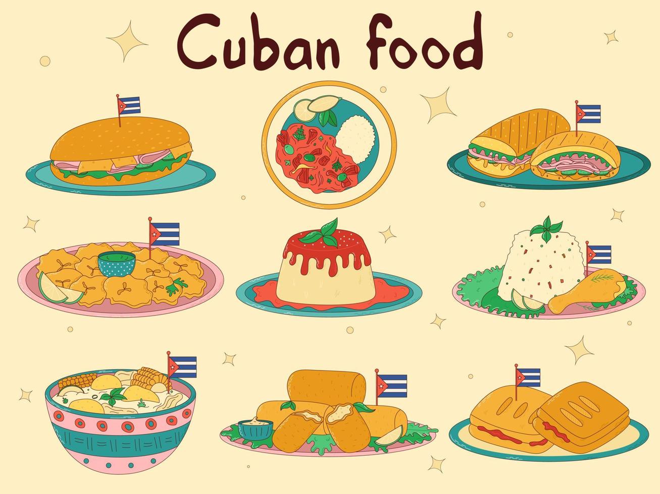 Set of Cuban food. Traditional Cuban dish. Vector illustration