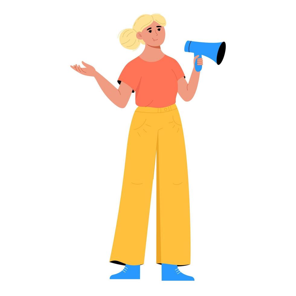 Woman with loudspeaker. Flat vector illustration isolated on white background