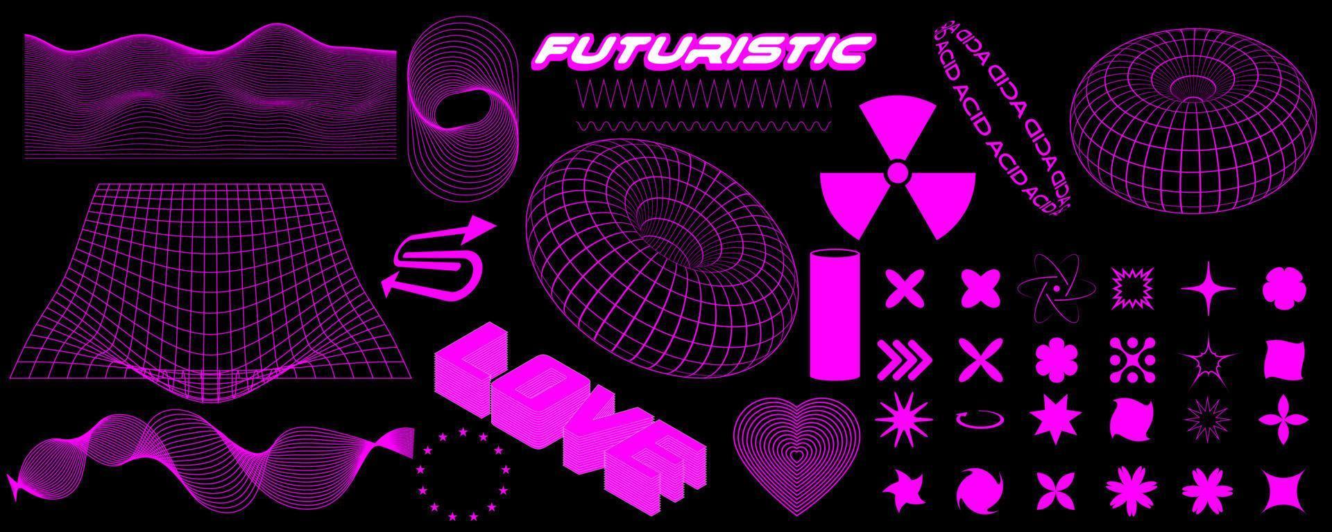 Retro futuristic design elements. 3D wireframe shapes in trendy retro cyberpunk 80s 90s style. Y2k aesthetic. vector