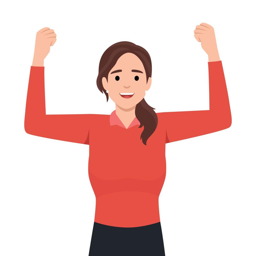 Winning gesture of happy confident woman expressing positive emotion. Successful smiling female character showing strength with fists up vector
