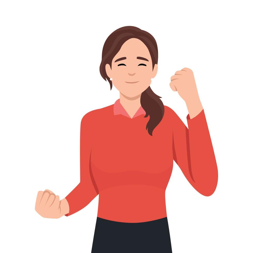 Winning gesture of happy confident woman expressing positive emotion. Successful smiling female character showing strength with fists up vector