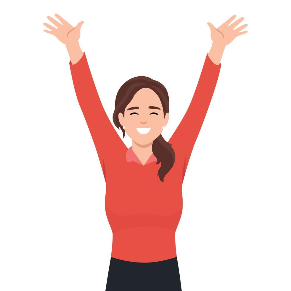 Winning gesture of happy confident woman expressing positive emotion. Successful smiling female character showing strength with fists up vector