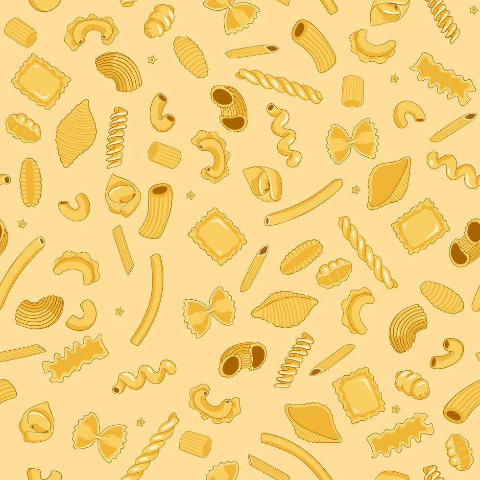 Seamless pattern with pasta in different shapes. Vector graphics.