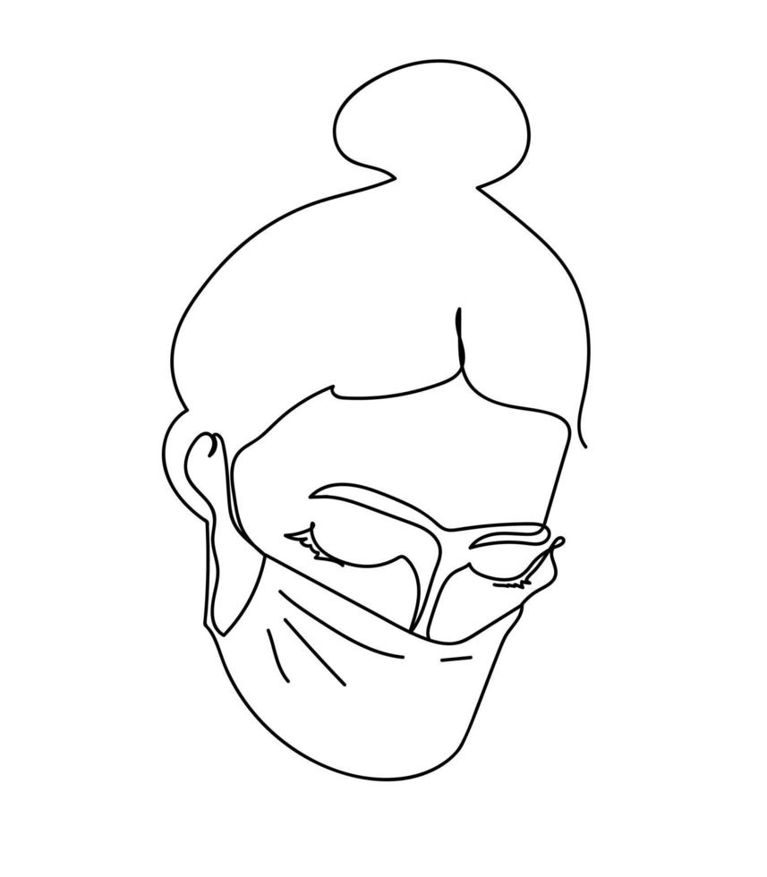 mujer en un médico mascarilla. línea Arte retrato de un enmascarado médico vector