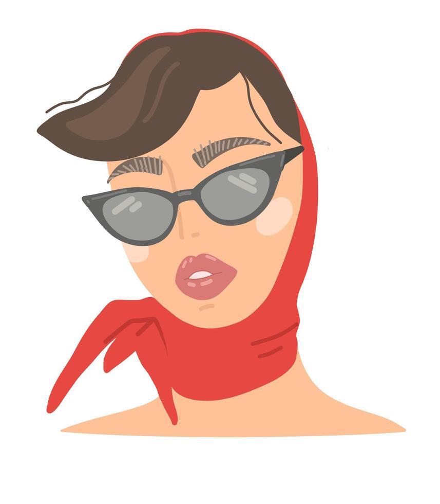 Vector portrait of a girl in glasses and a red headscarf. Stylish fashionable woman in a headdress.