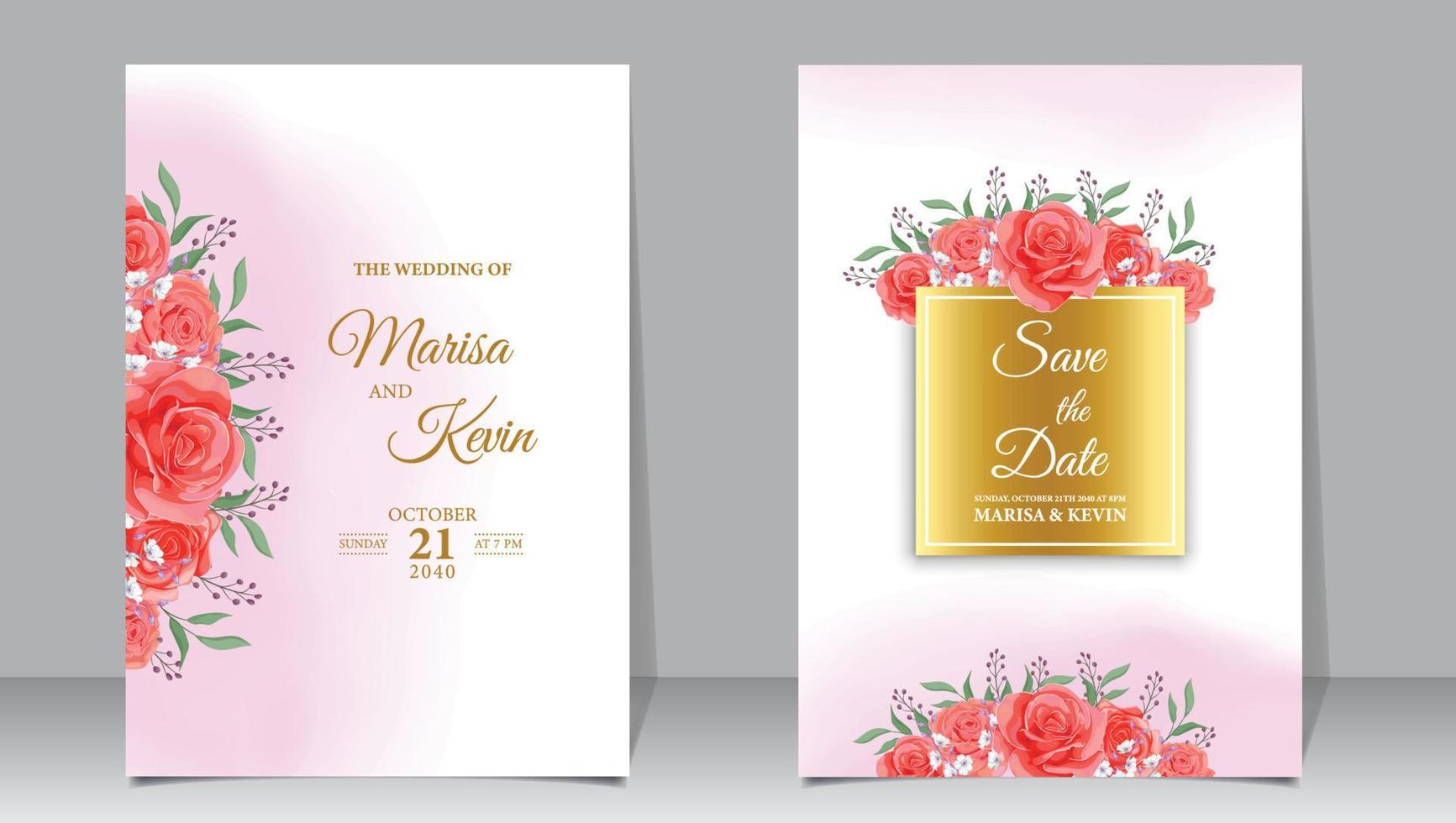 Luxury wedding invitation with red flowers and watercolor background vector