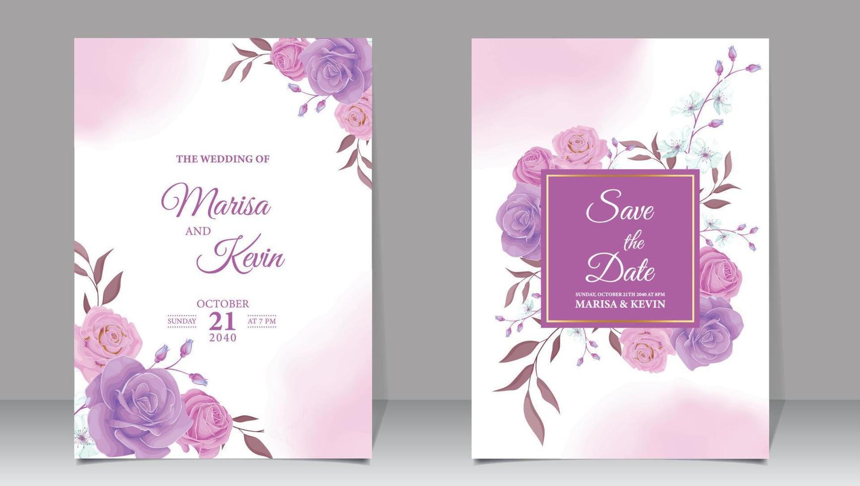 lujo Boda invitación con púrpura flores y acuarela antecedentes vector