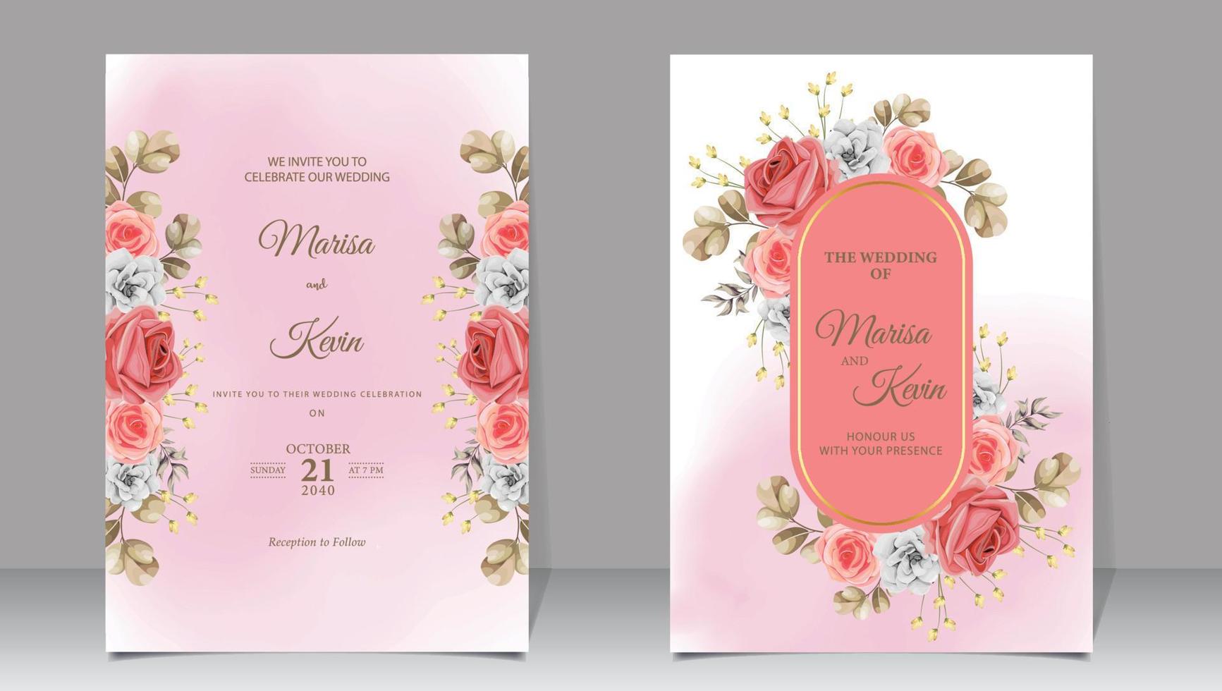 Luxury wedding invitation with red and white flowers on watercolor background vector