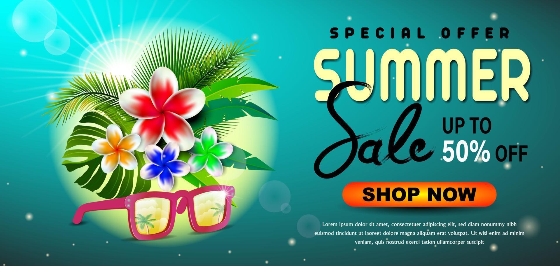 summer sale and leaves with orchid flowers on sunglasses vector