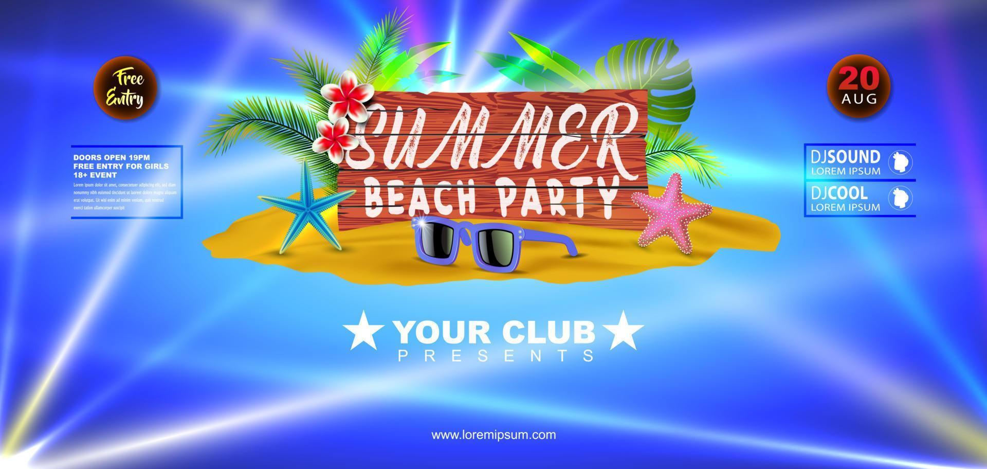 Summer beach party banner flyer design with sunglasses on tropical island vector