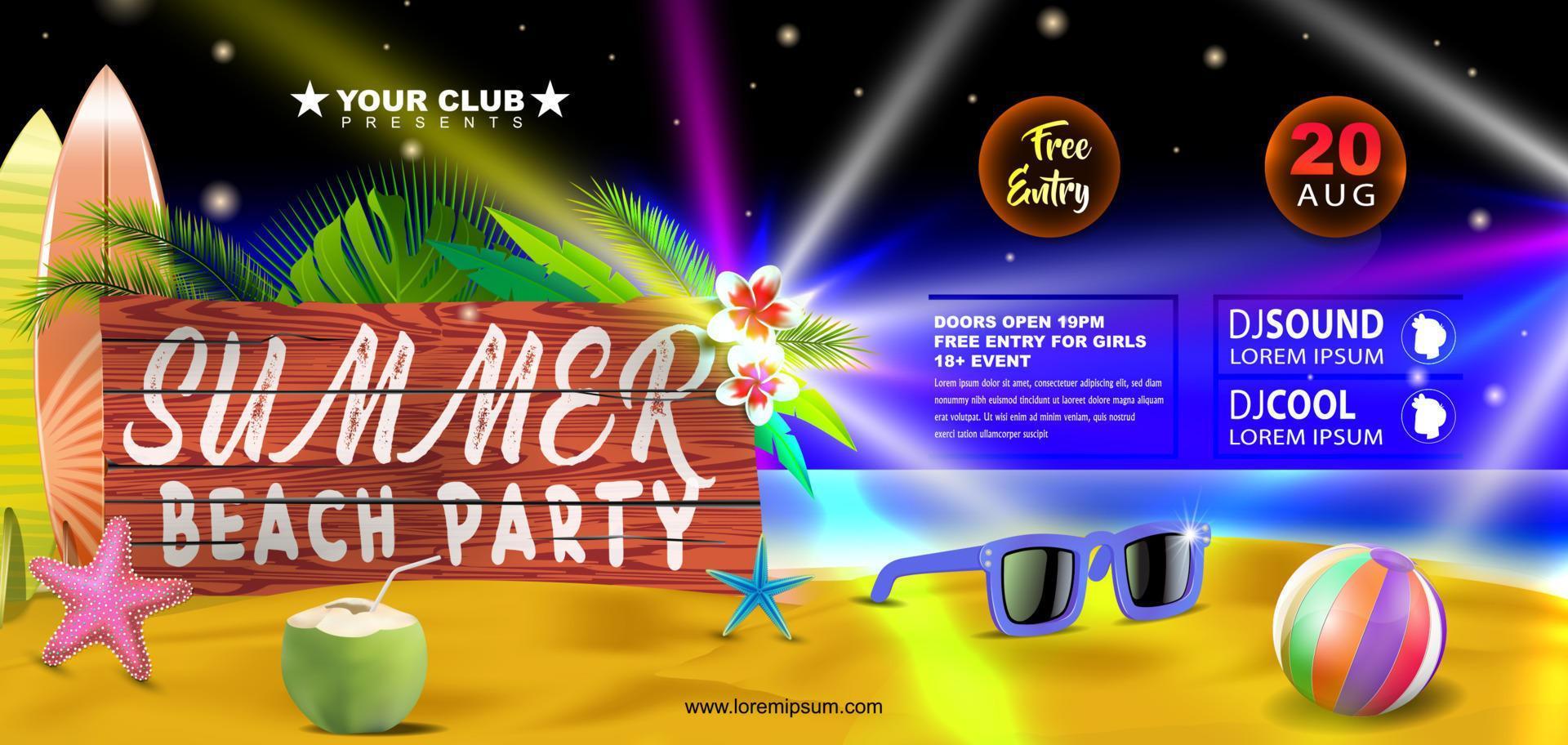 Summer beach party banner flyer design with sunglasses and beach ball on tropical island at night vector