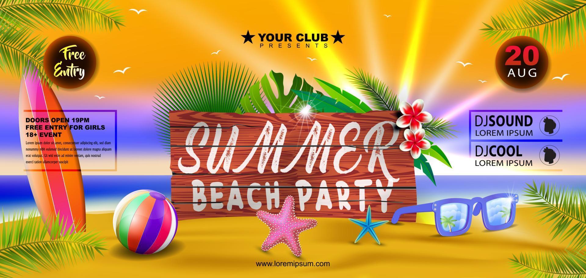 Summer beach party banner flyer design with sunglasses and beach ball on tropical island vector