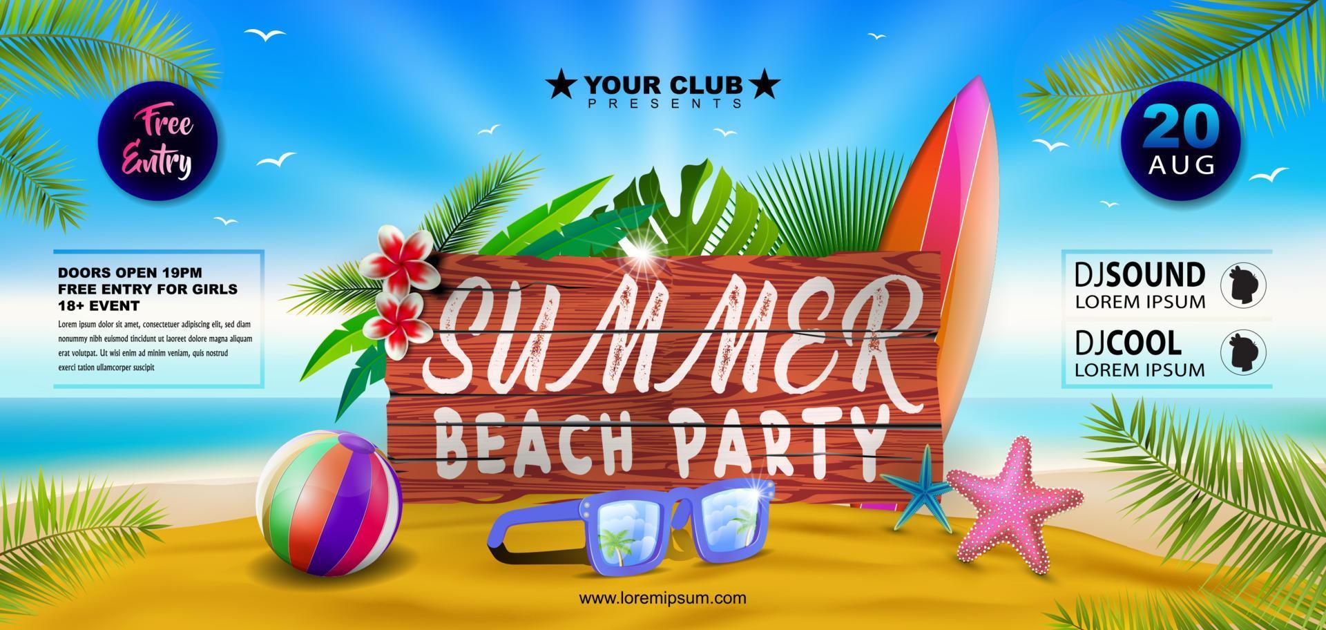Summer beach party banner flyer design with sunglasses and beach ball on tropical island vector