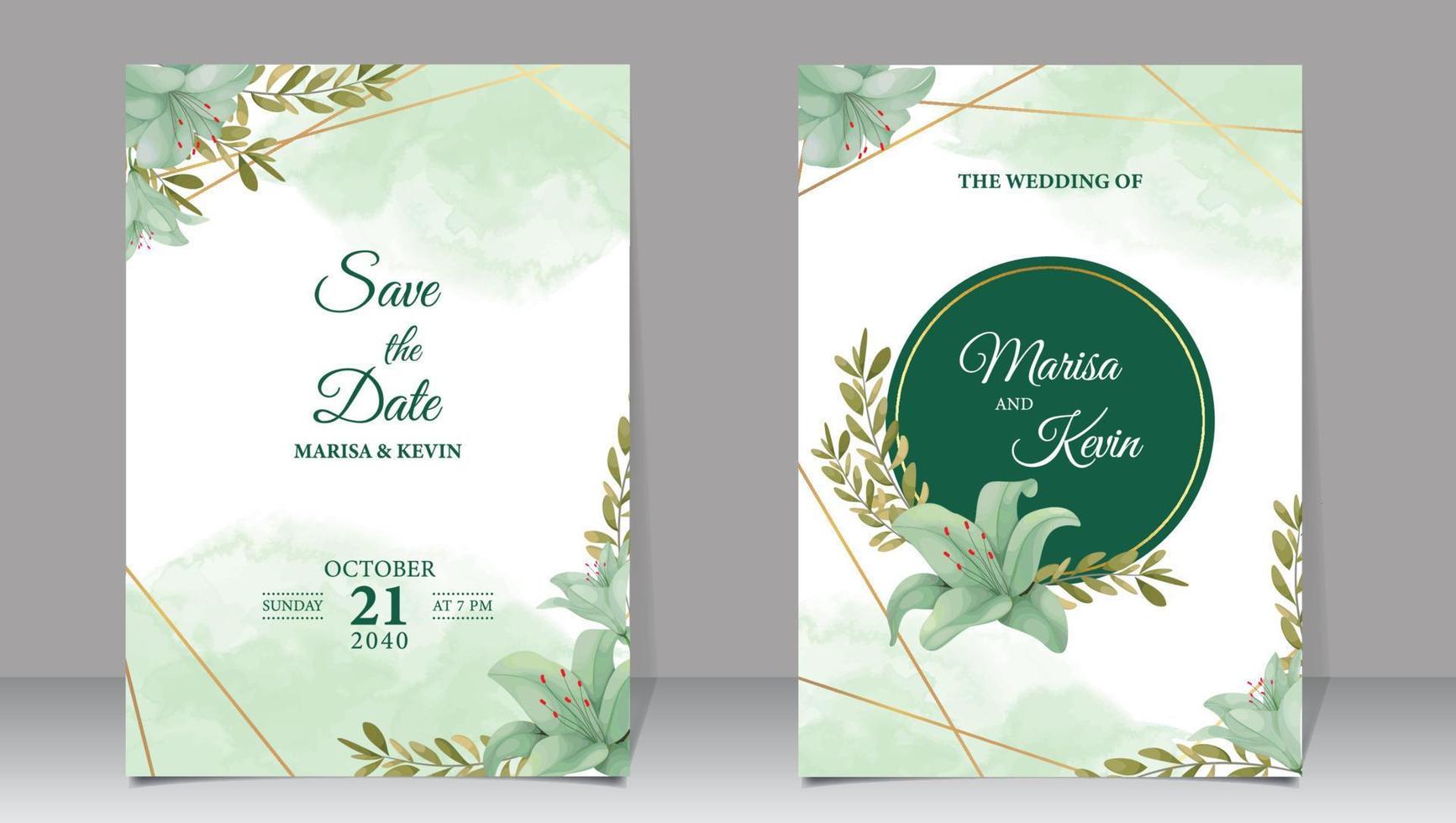 Luxury wedding invitation with green flowers and watercolor background vector