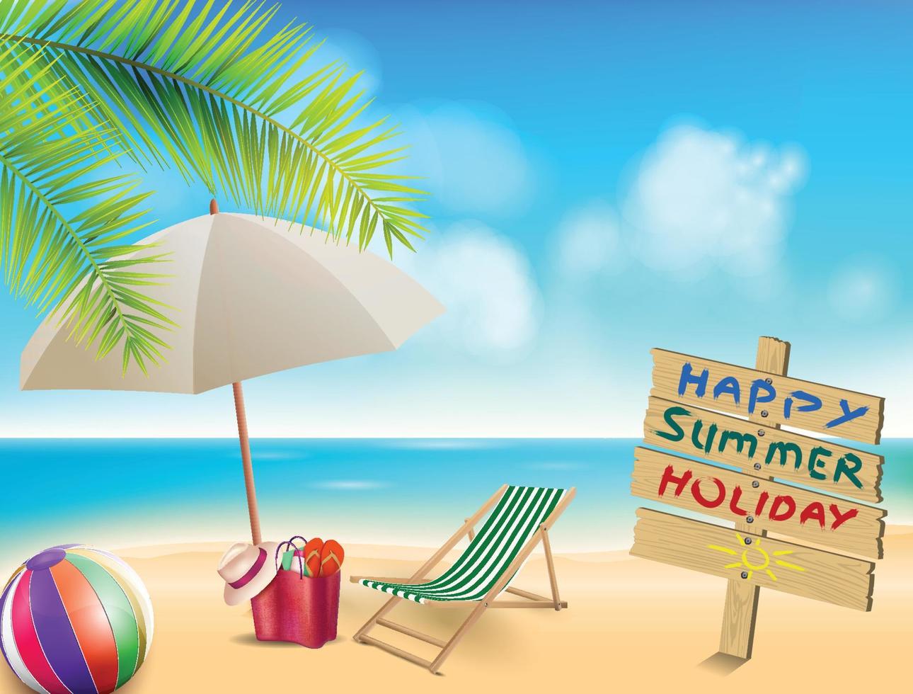 A beach scene with a sign that says happy summer holidays. vector