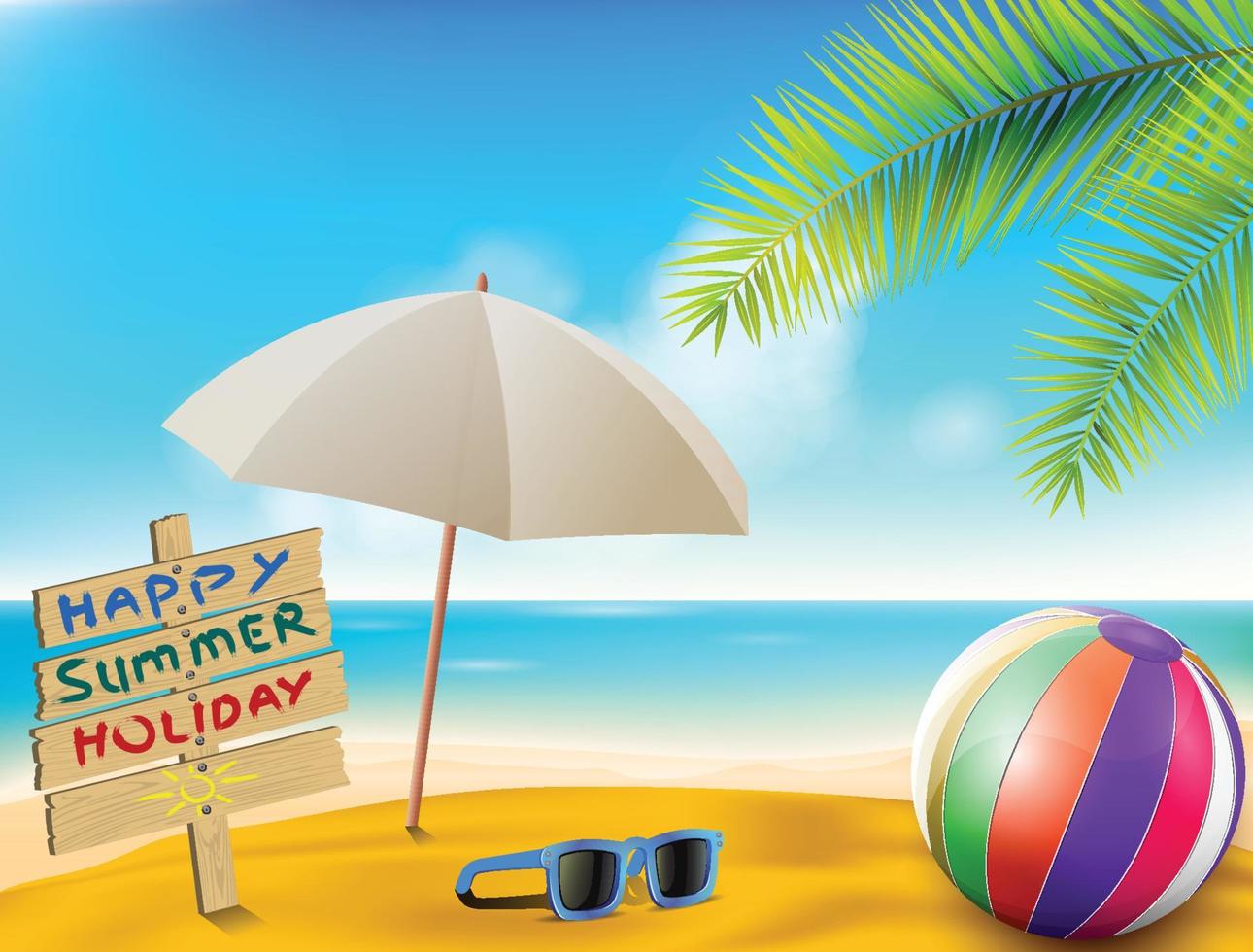 A beach scene with a sign that says happy summer holiday. vector