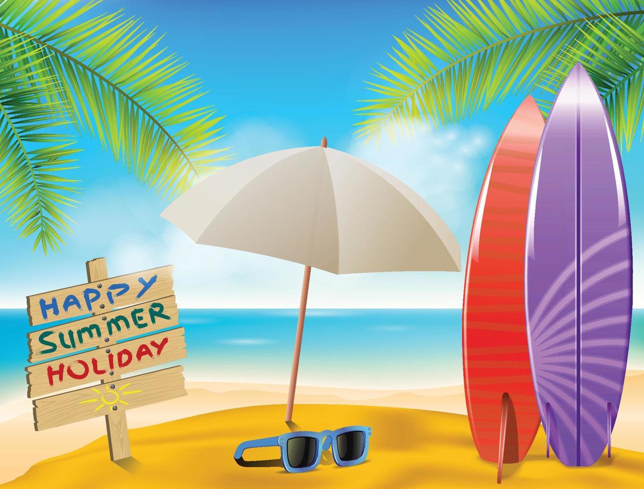 A beach scene with a sign that says happy summer holiday. vector