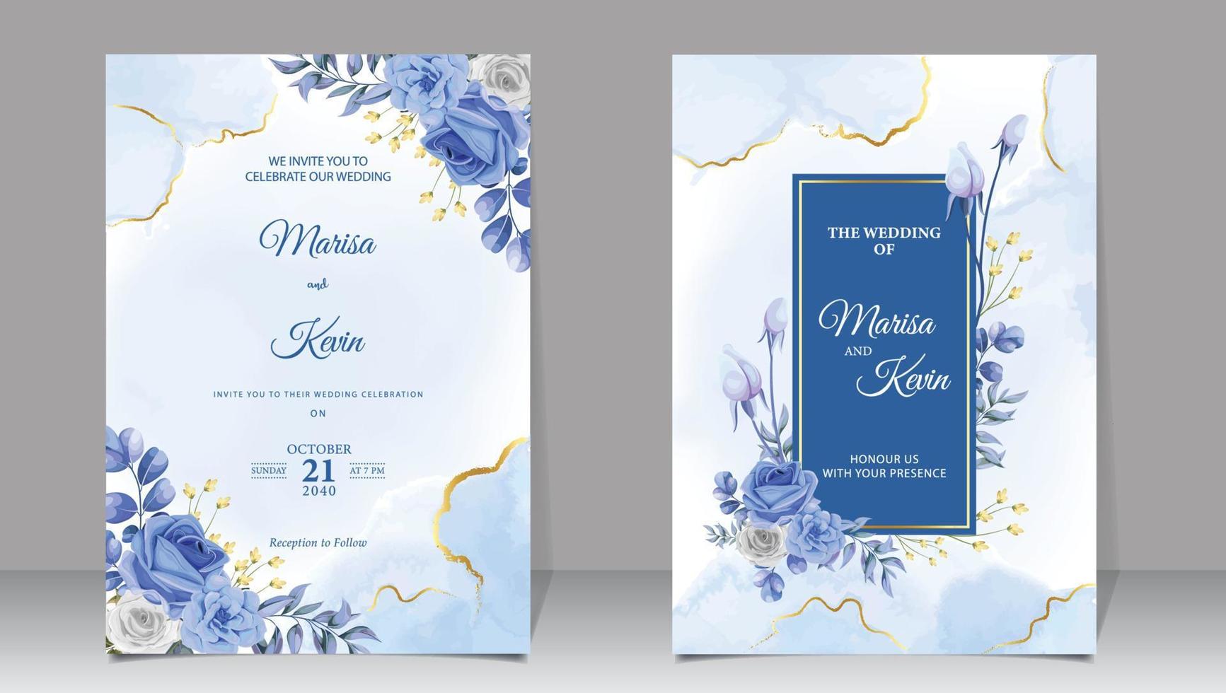 Luxury wedding invitation with light blue flowers and watercolor background vector