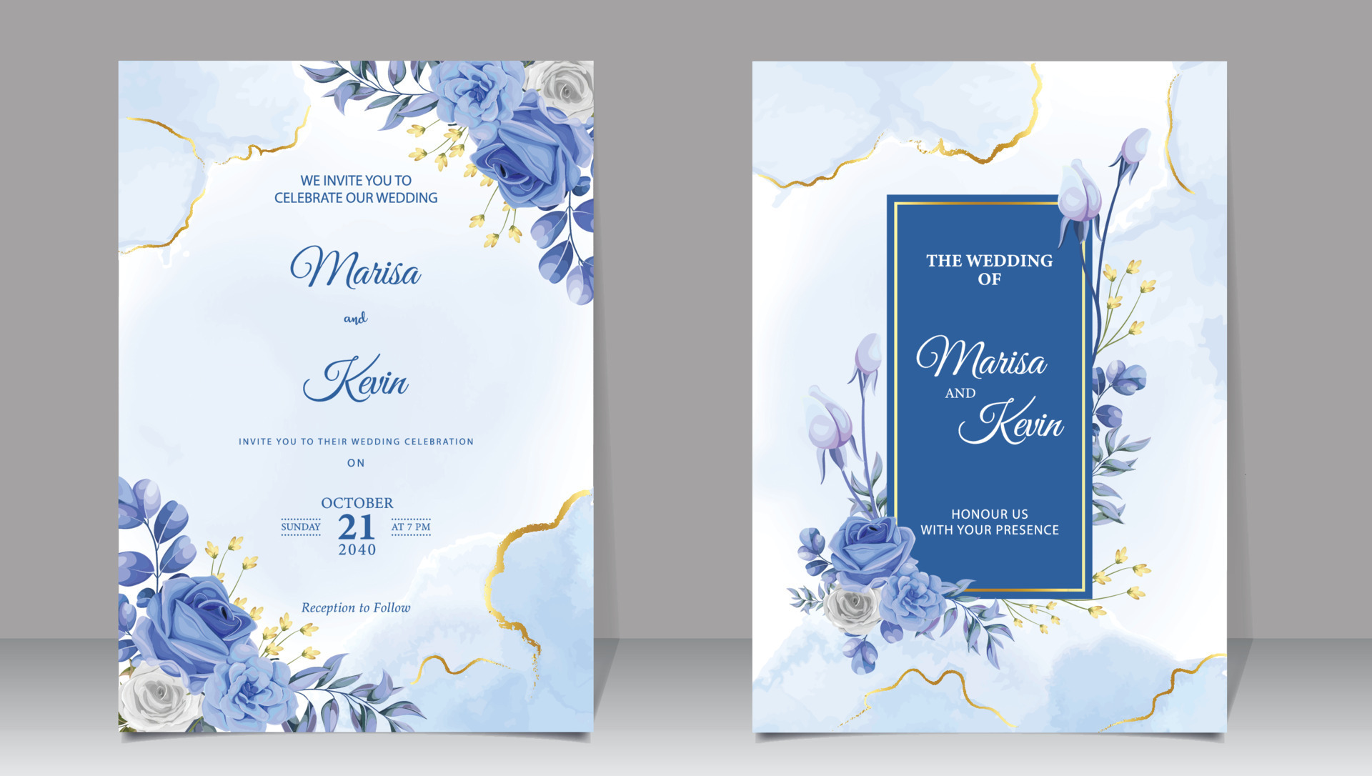 lujo Boda invitación con ligero azul flores y acuarela antecedentes