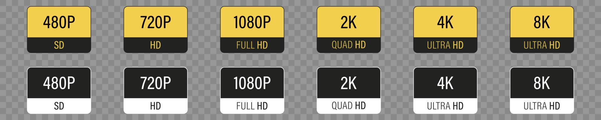 pantalla monitor resolución. 480p Dakota del Sur, 720p hd , 1080p fhd, 2k patio alta definición, 4k ultra alta definición, 8k ultra alta definición, colección iconos vector ilustración