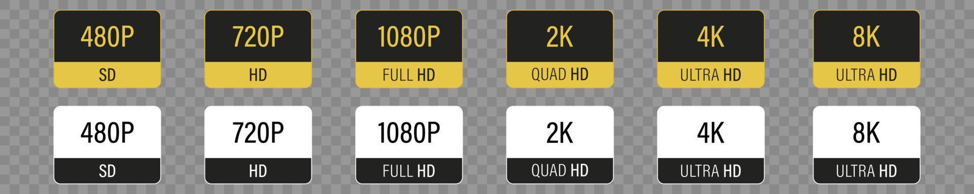 Screen display resolution. 480p sd, 720p hd , 1080p fhd, 2k quad hd, 4K ultra hd, 8k ultra hd, collection icons. Vector illustration