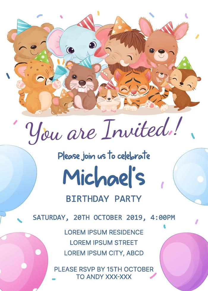 Adorable birthday party invitation template with animals vector