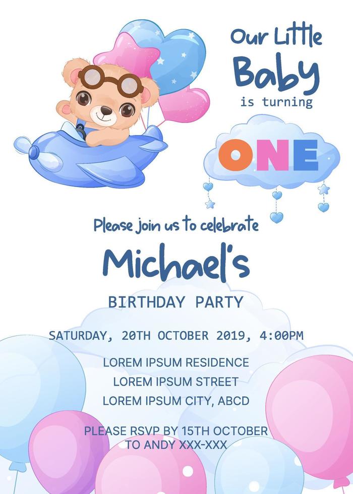Adorable birthday party invitation template with baby bear vector