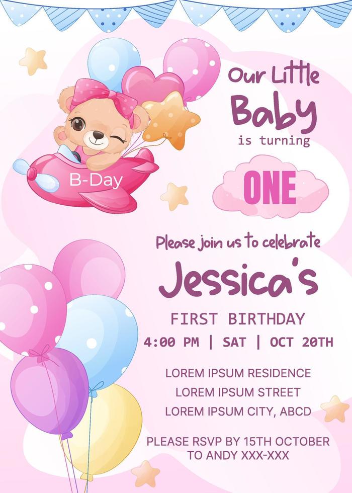 Adorable birthday party invitation template with baby bear vector