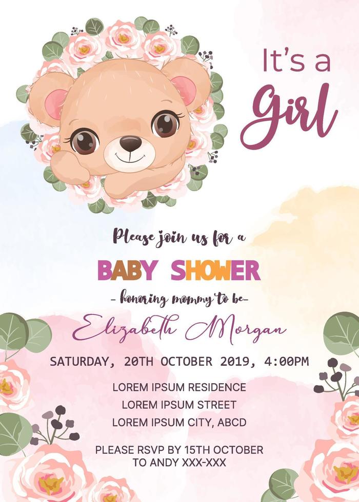 baby shower invitation template with baby bear vector