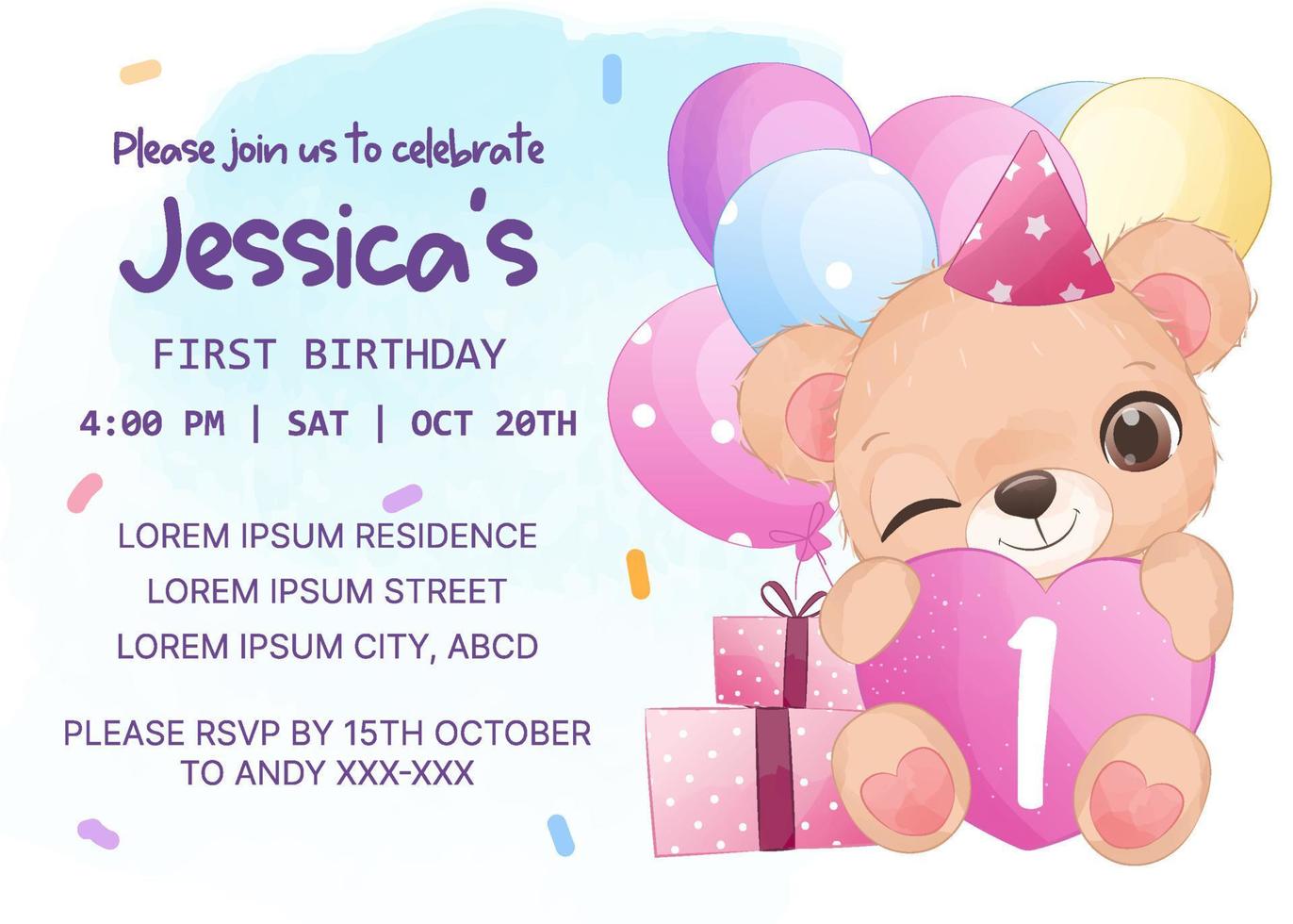 Adorable birthday party invitation template with baby bear vector