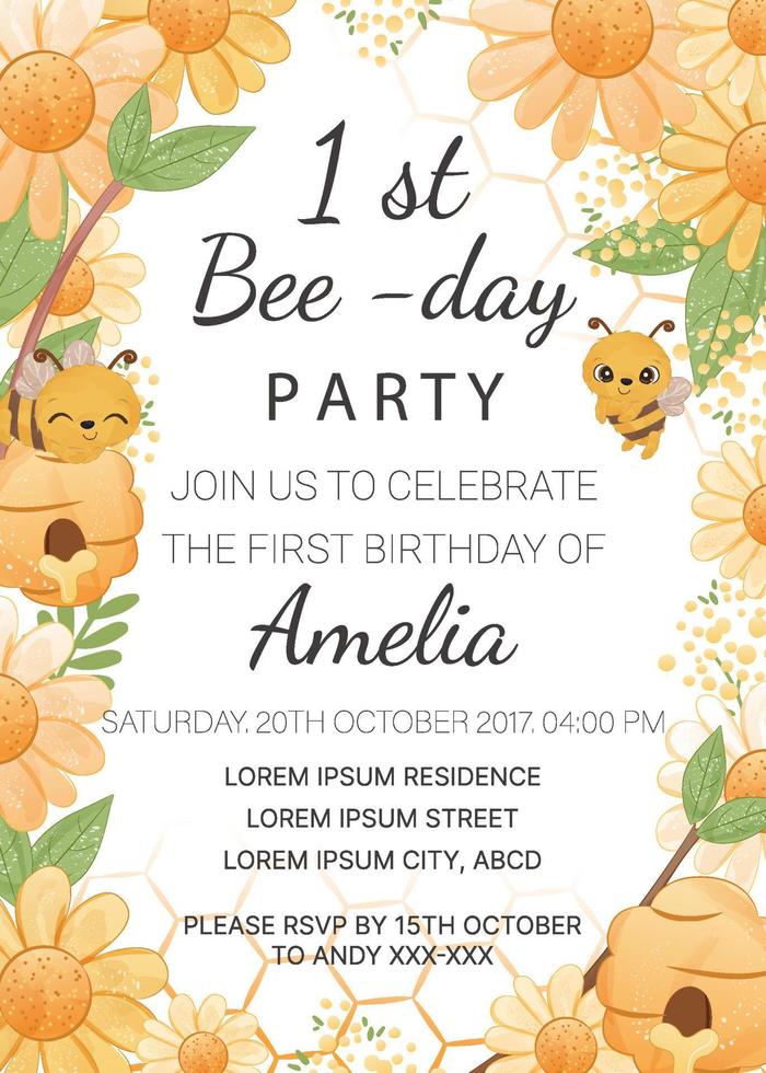 cumpleaños fiesta invitación modelo con miel abeja vector