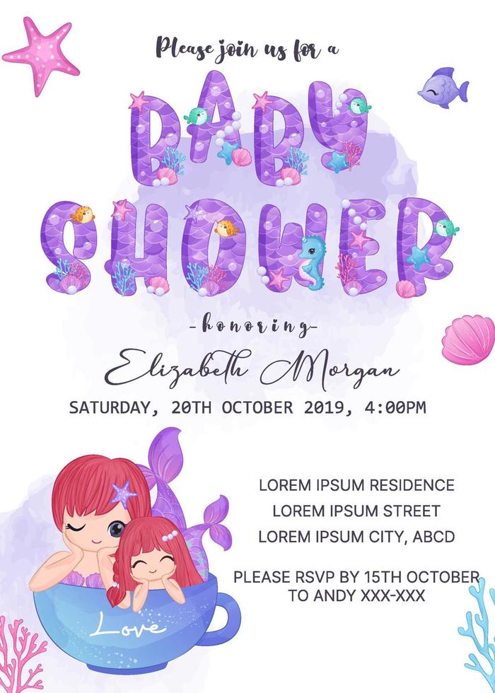 baby shower invitation template with mermaid vector